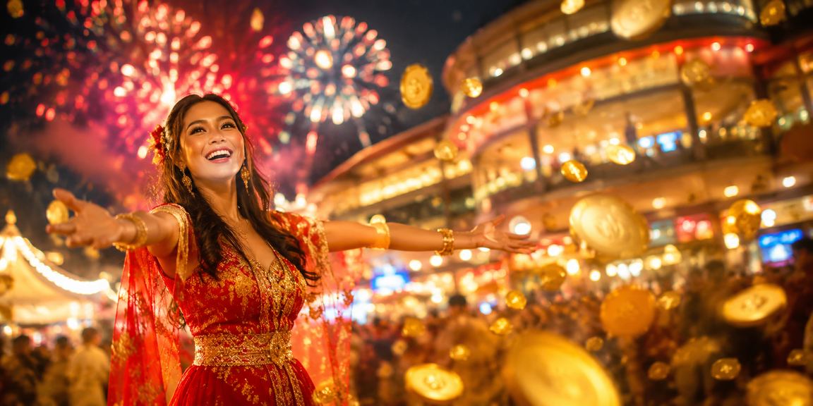 Suasana malam di pasar dengan aktivitas taruhan casino yang ramai dan berwarna