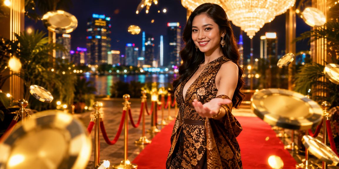 Model berpose di depan layar casino interaktif dengan antarmuka modern