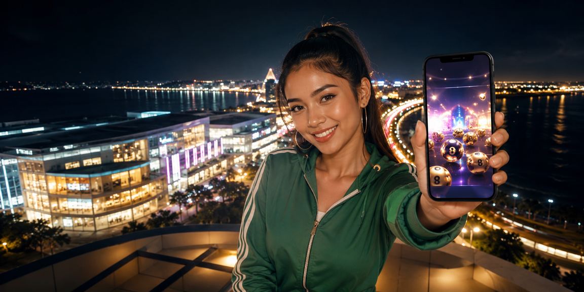 Model berpose di depan layar dengan informasi lottery dan taruhan
